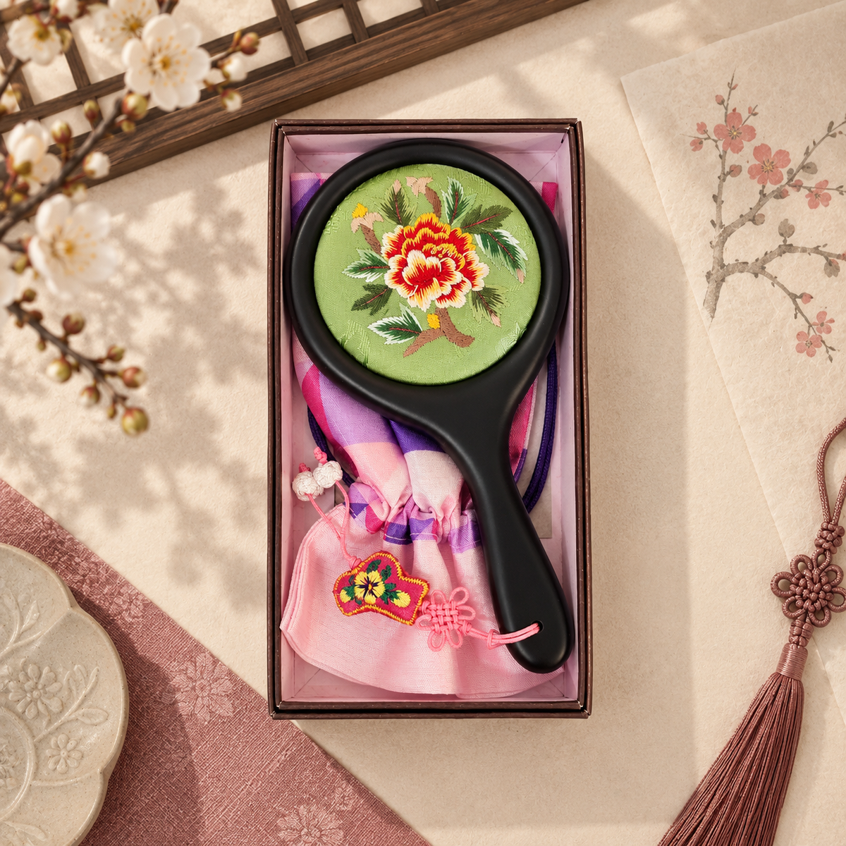 Korean Floral Embroidered Hand Mirror with Pouch