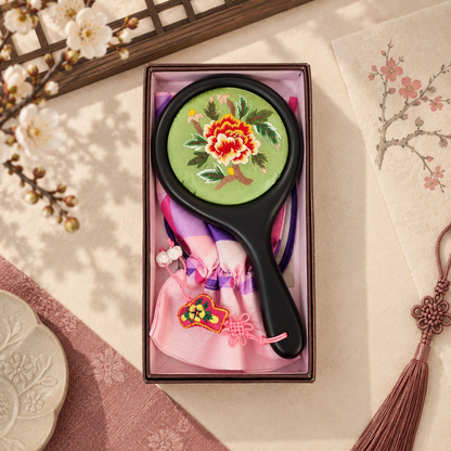 Korean Floral Embroidered Hand Mirror with Pouch