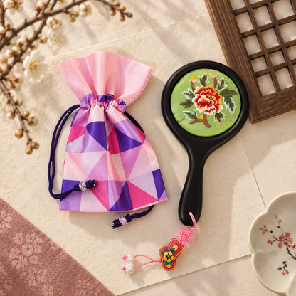 Korean Floral Embroidered Hand Mirror with Pouch