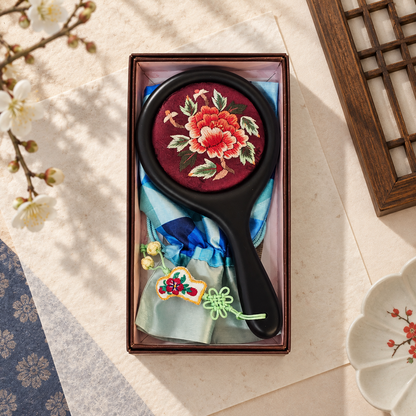 Korean Floral Embroidered Hand Mirror with Pouch