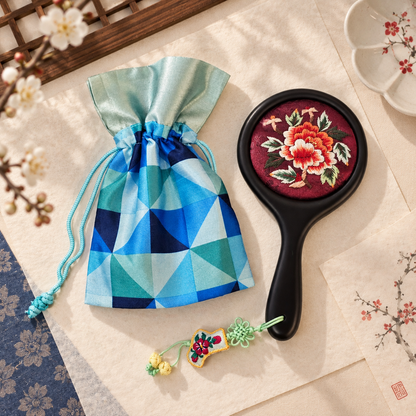 Korean Floral Embroidered Hand Mirror with Pouch
