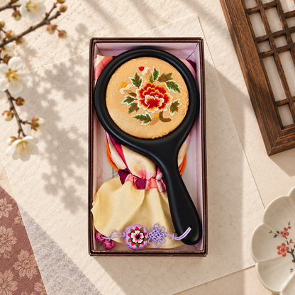 Korean Floral Embroidered Hand Mirror with Pouch