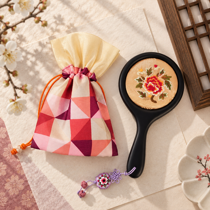 Korean Floral Embroidered Hand Mirror with Pouch