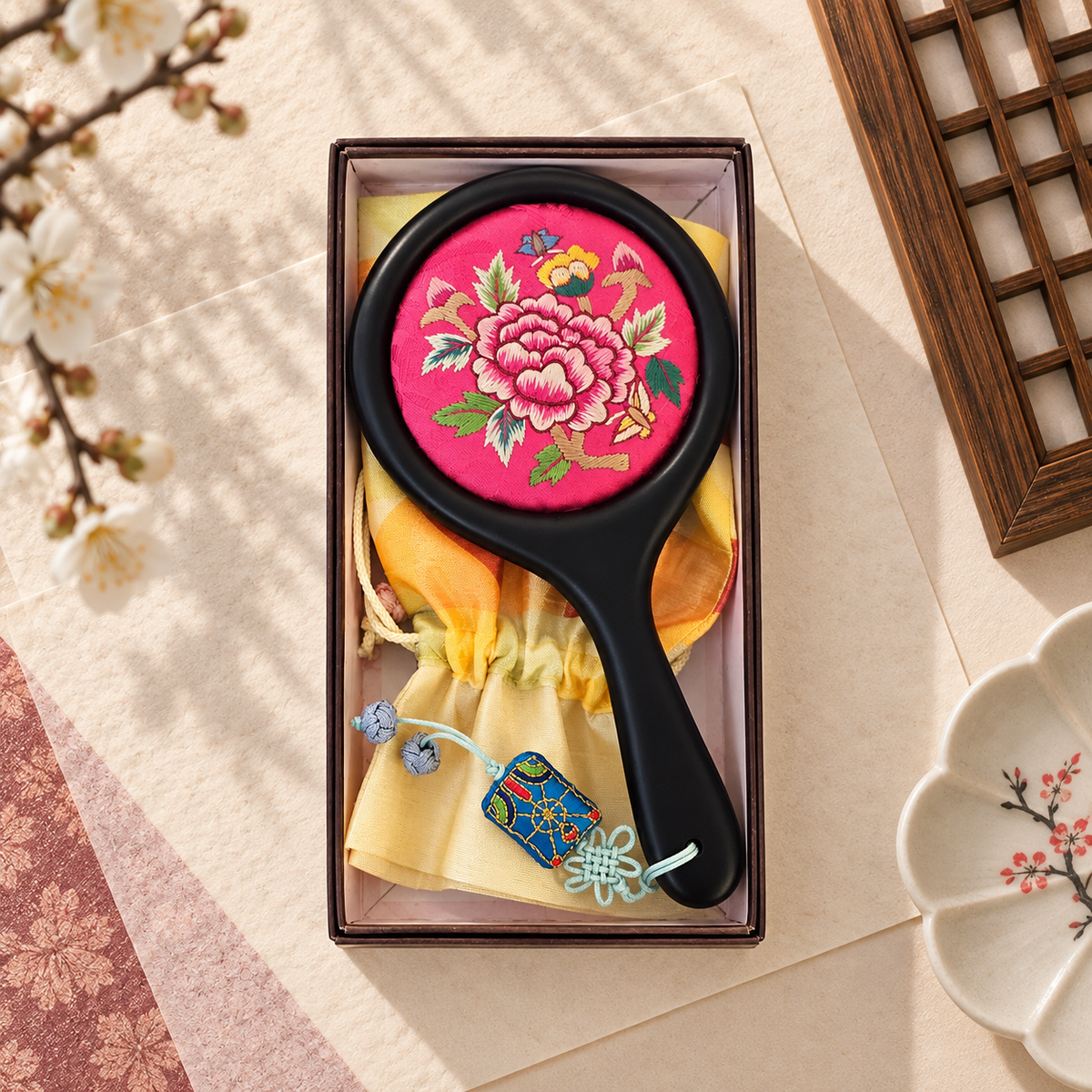 Korean Floral Embroidered Hand Mirror with Pouch