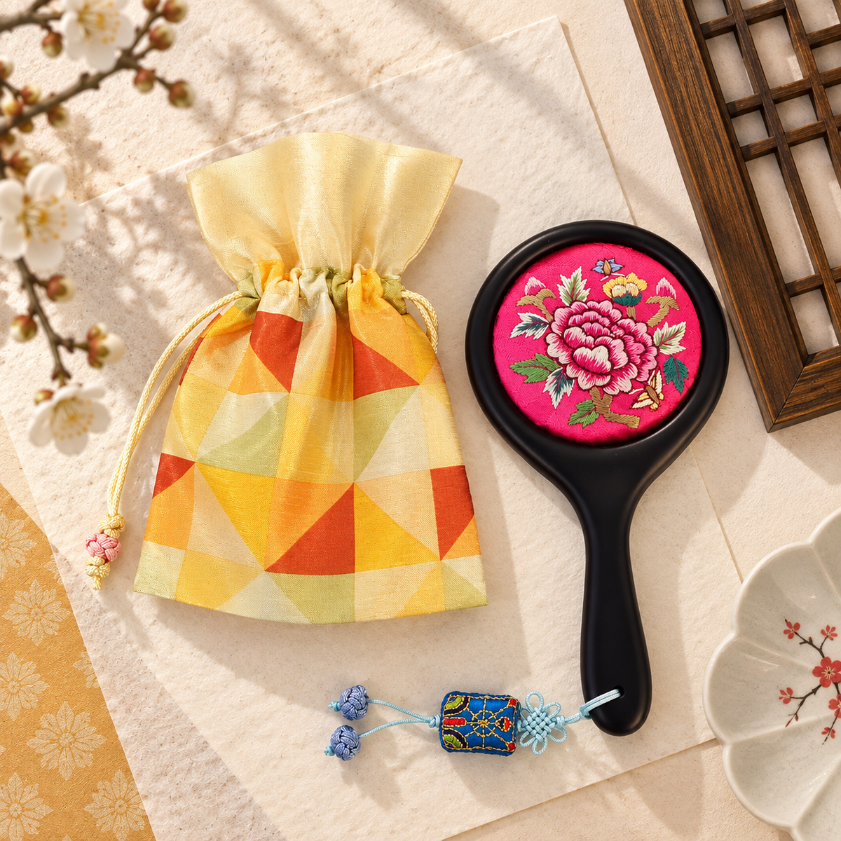 Korean Floral Embroidered Hand Mirror with Pouch