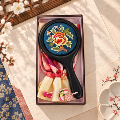 Korean Floral Embroidered Hand Mirror with Pouch