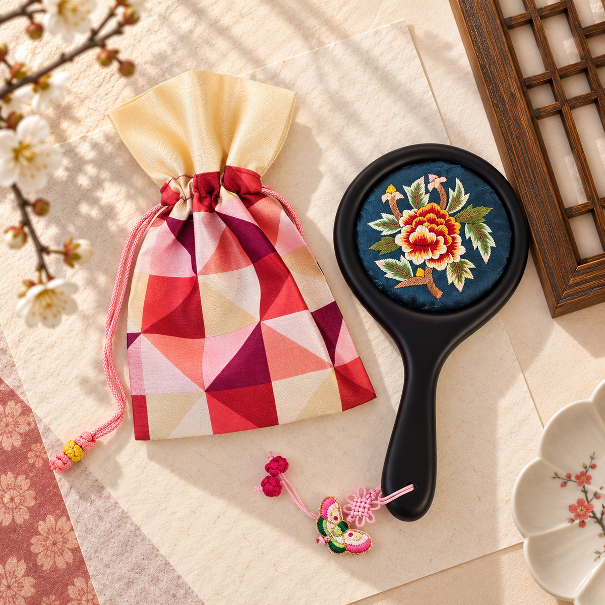 Korean Floral Embroidered Hand Mirror with Pouch