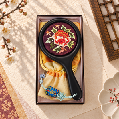 Korean Floral Embroidered Hand Mirror with Pouch