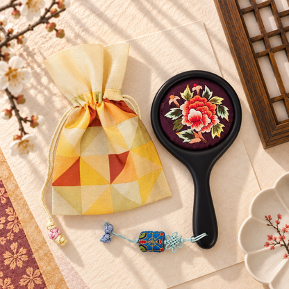 Korean Floral Embroidered Hand Mirror with Pouch