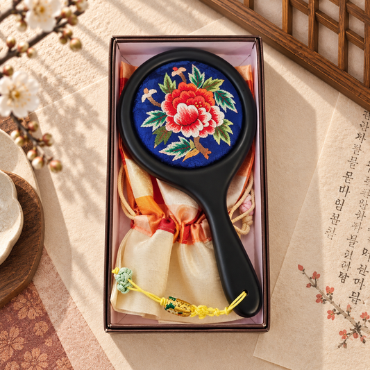 Korean Floral Embroidered Hand Mirror with Pouch
