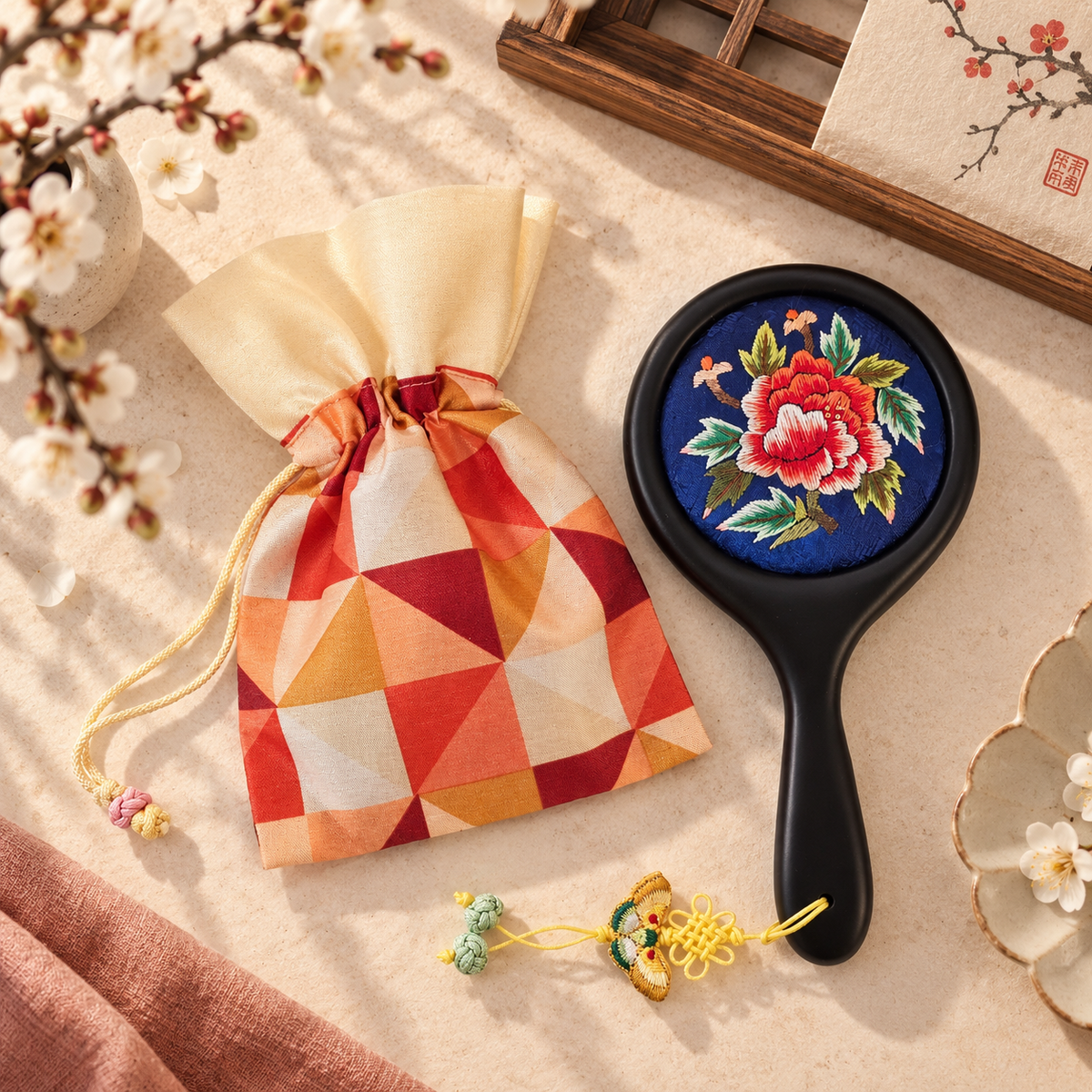 Korean Floral Embroidered Hand Mirror with Pouch