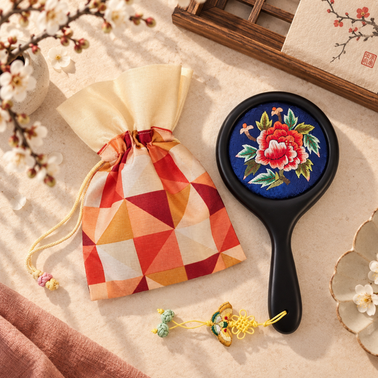 Korean Floral Embroidered Hand Mirror with Pouch