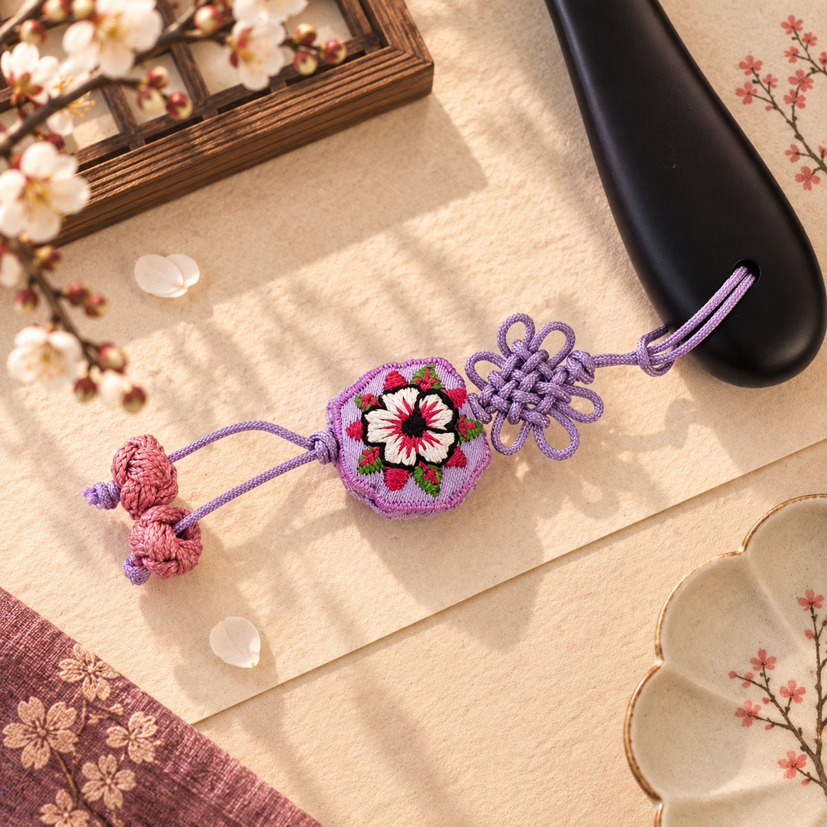 Korean Floral Embroidered Hand Mirror with Pouch