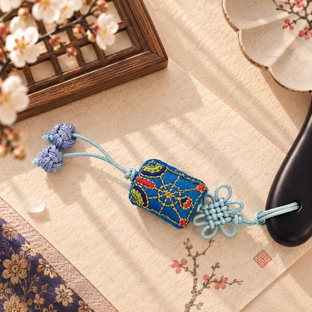 Korean Floral Embroidered Hand Mirror with Pouch