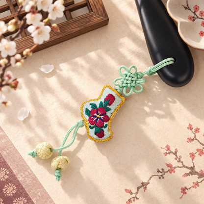 Korean Floral Embroidered Hand Mirror with Pouch
