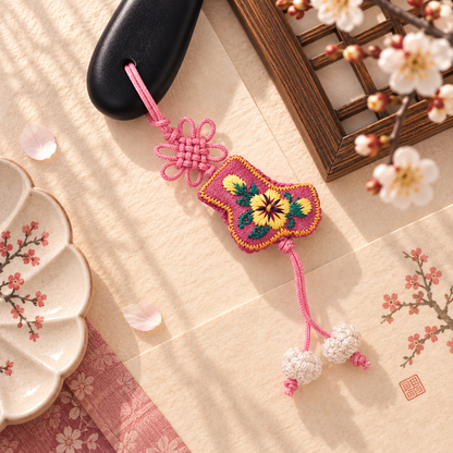 Korean Floral Embroidered Hand Mirror with Pouch