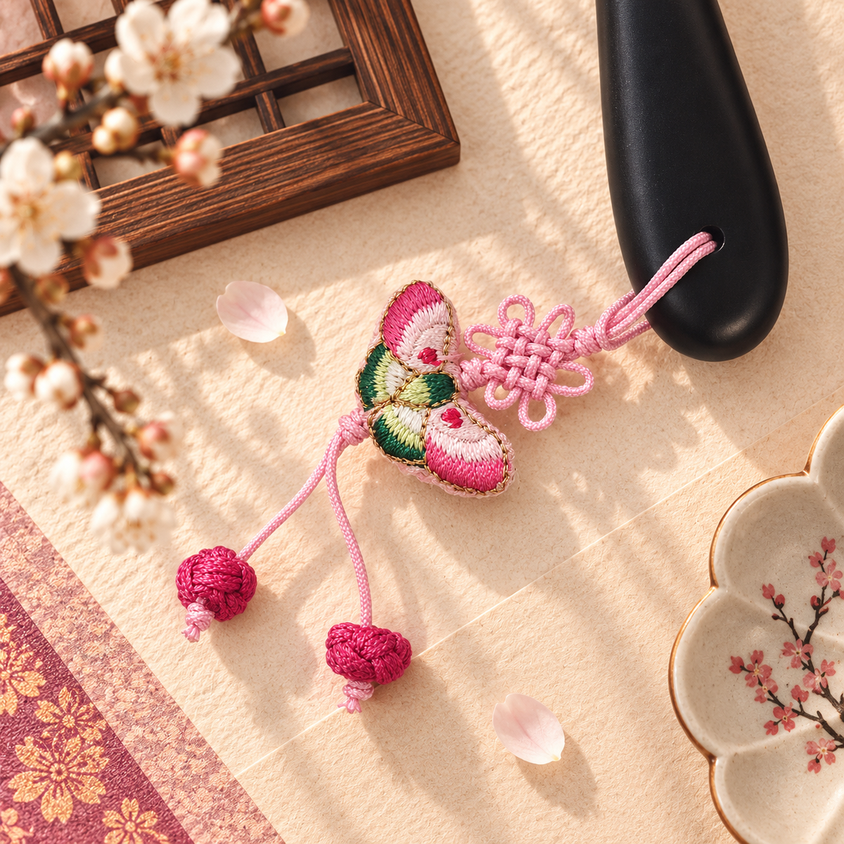 Korean Floral Embroidered Hand Mirror with Pouch