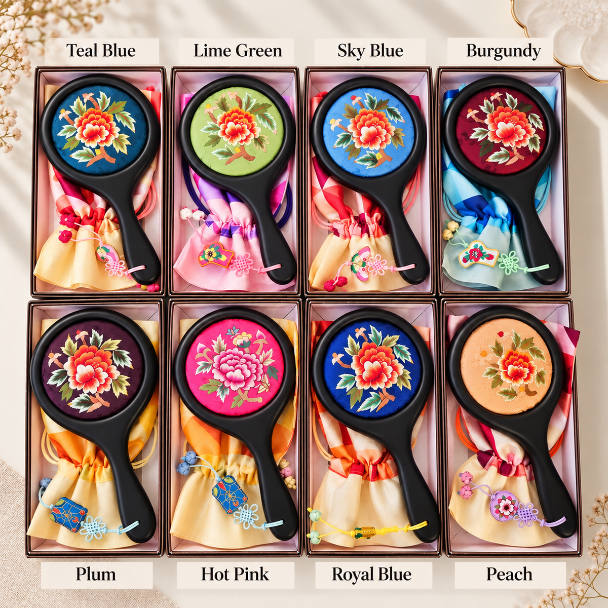 Korean Floral Embroidered Hand Mirror with Pouch