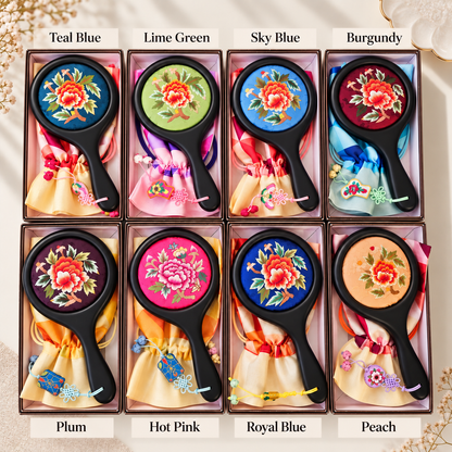 Korean Floral Embroidered Hand Mirror with Pouch