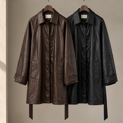 Fine Vegan Leather Belted Long Jacket - Women One Size