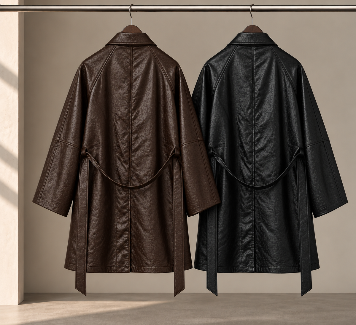 Fine Vegan Leather Belted Long Jacket - Women One Size