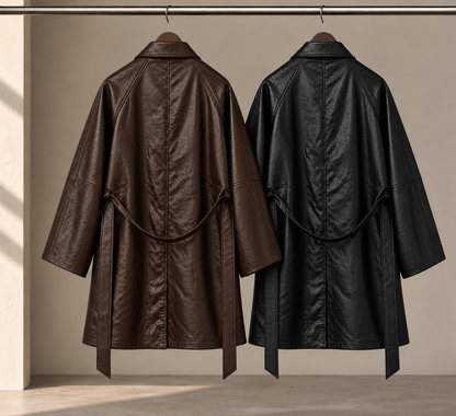 Fine Vegan Leather Belted Long Jacket - Women One Size