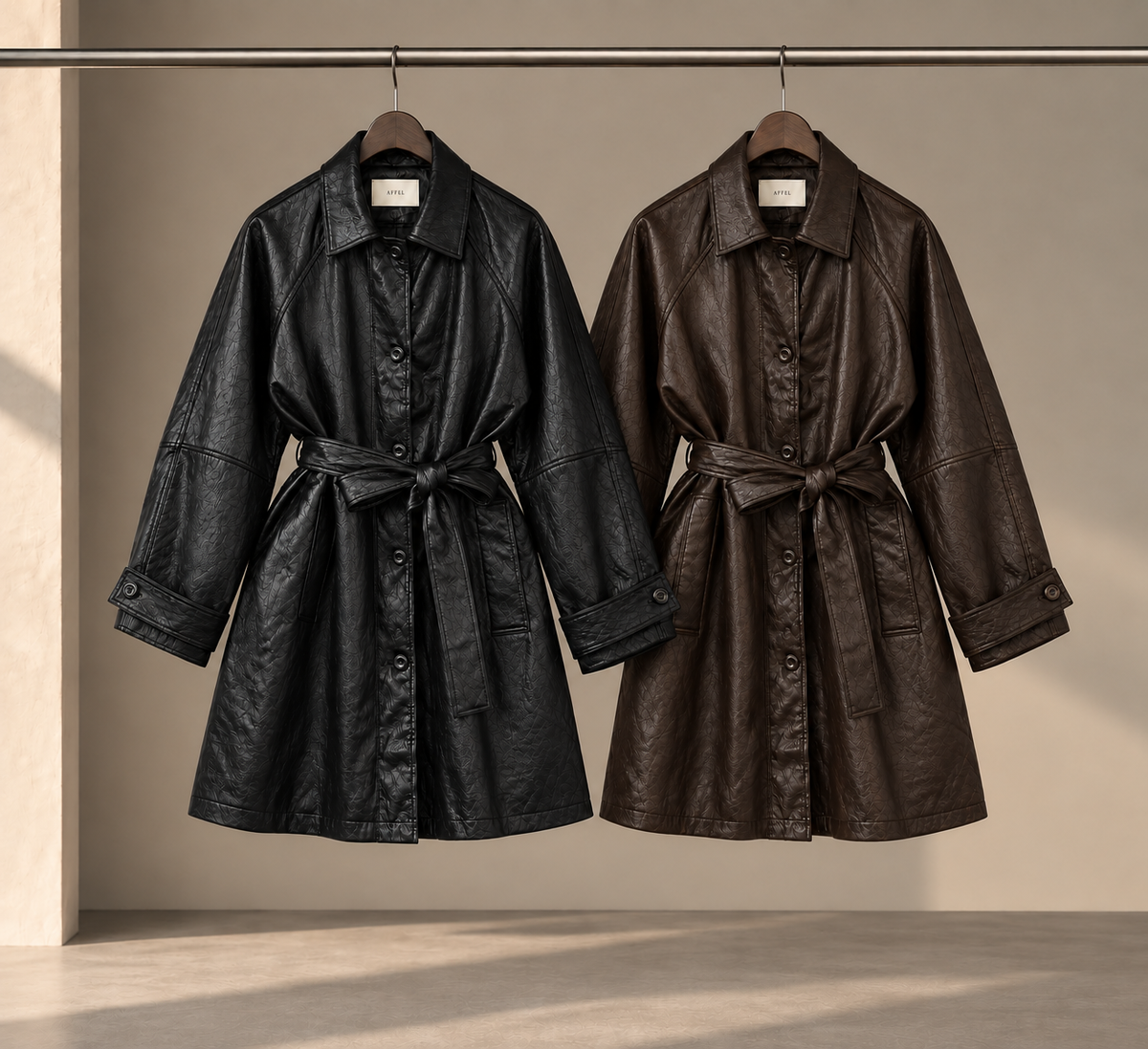 Fine Vegan Leather Belted Long Jacket - Women One Size