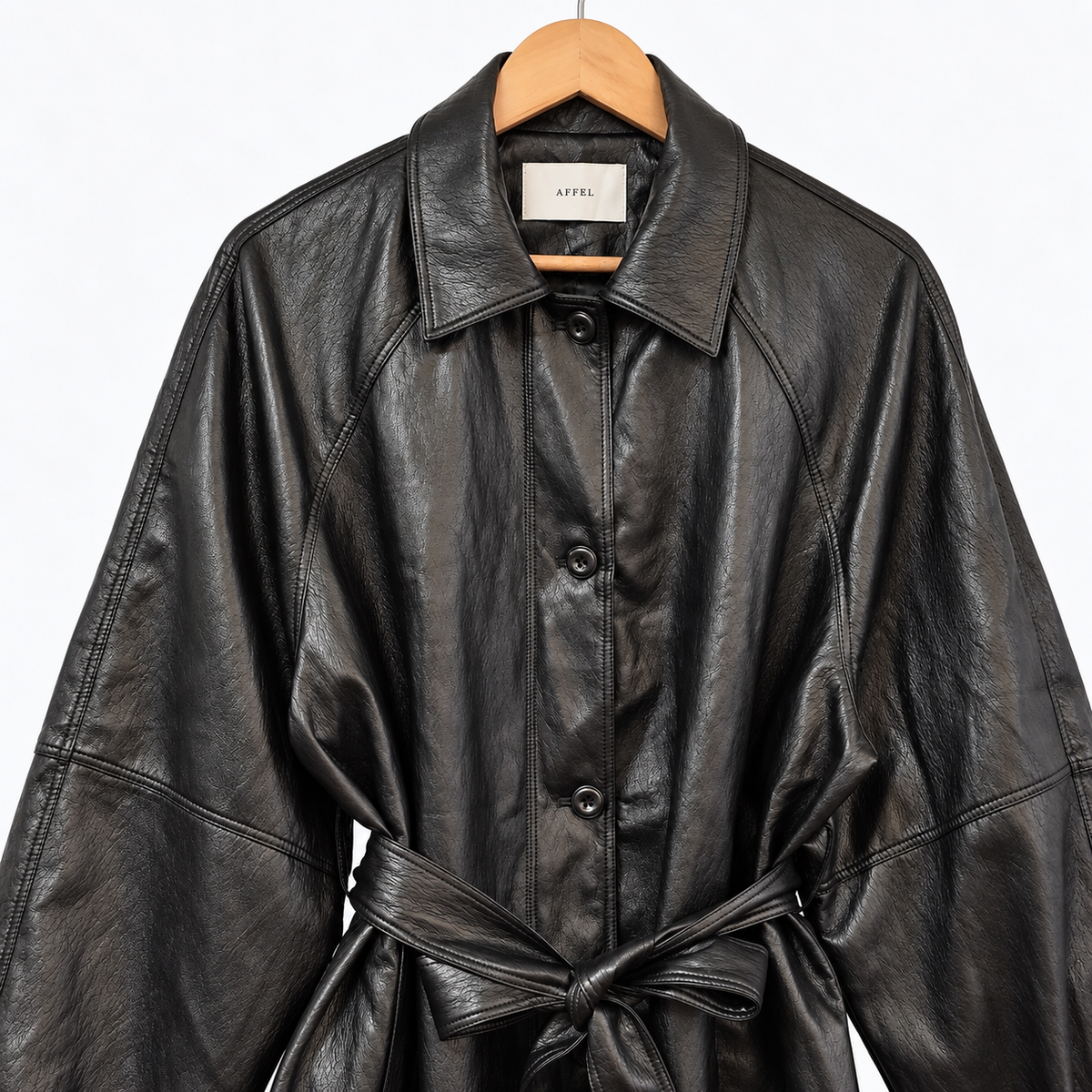 Fine Vegan Leather Belted Long Jacket - Women One Size