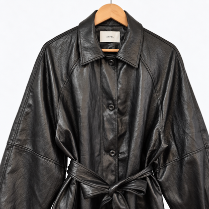 Fine Vegan Leather Belted Long Jacket - Women One Size