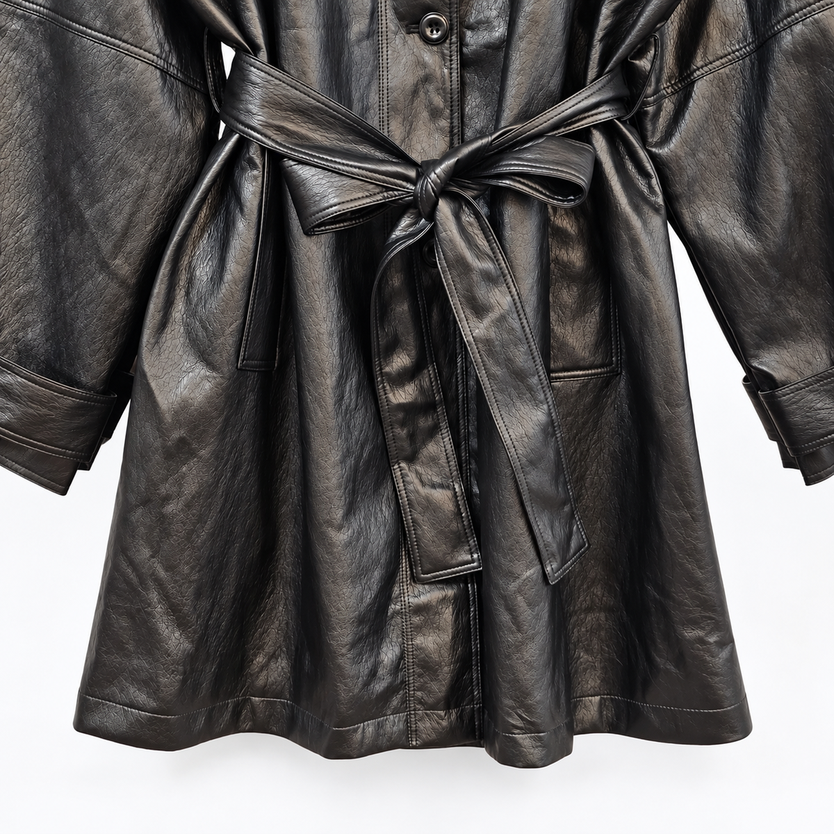 Fine Vegan Leather Belted Long Jacket - Women One Size