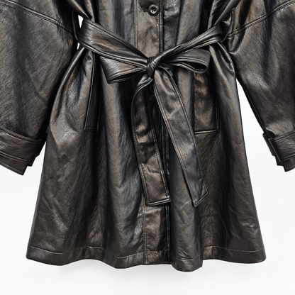 Fine Vegan Leather Belted Long Jacket - Women One Size