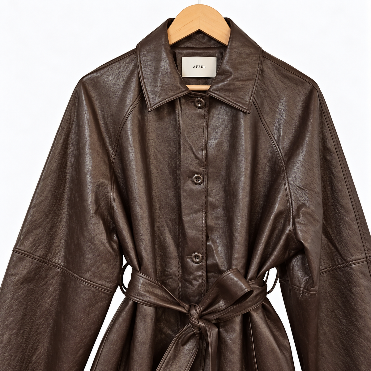Fine Vegan Leather Belted Long Jacket - Women One Size