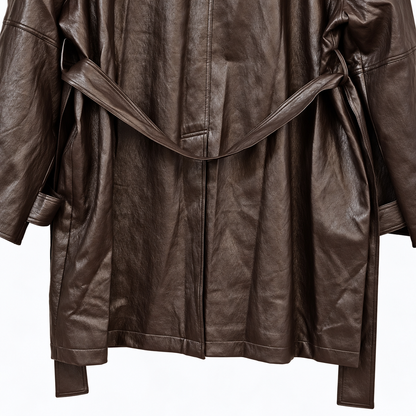 Fine Vegan Leather Belted Long Jacket - Women One Size
