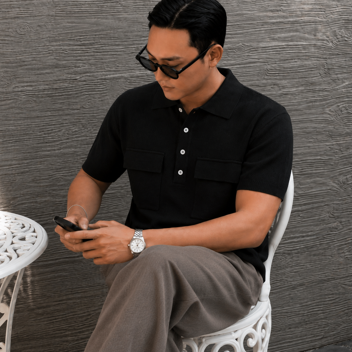 Double Flap Pocket Knit Polo - Men One Size