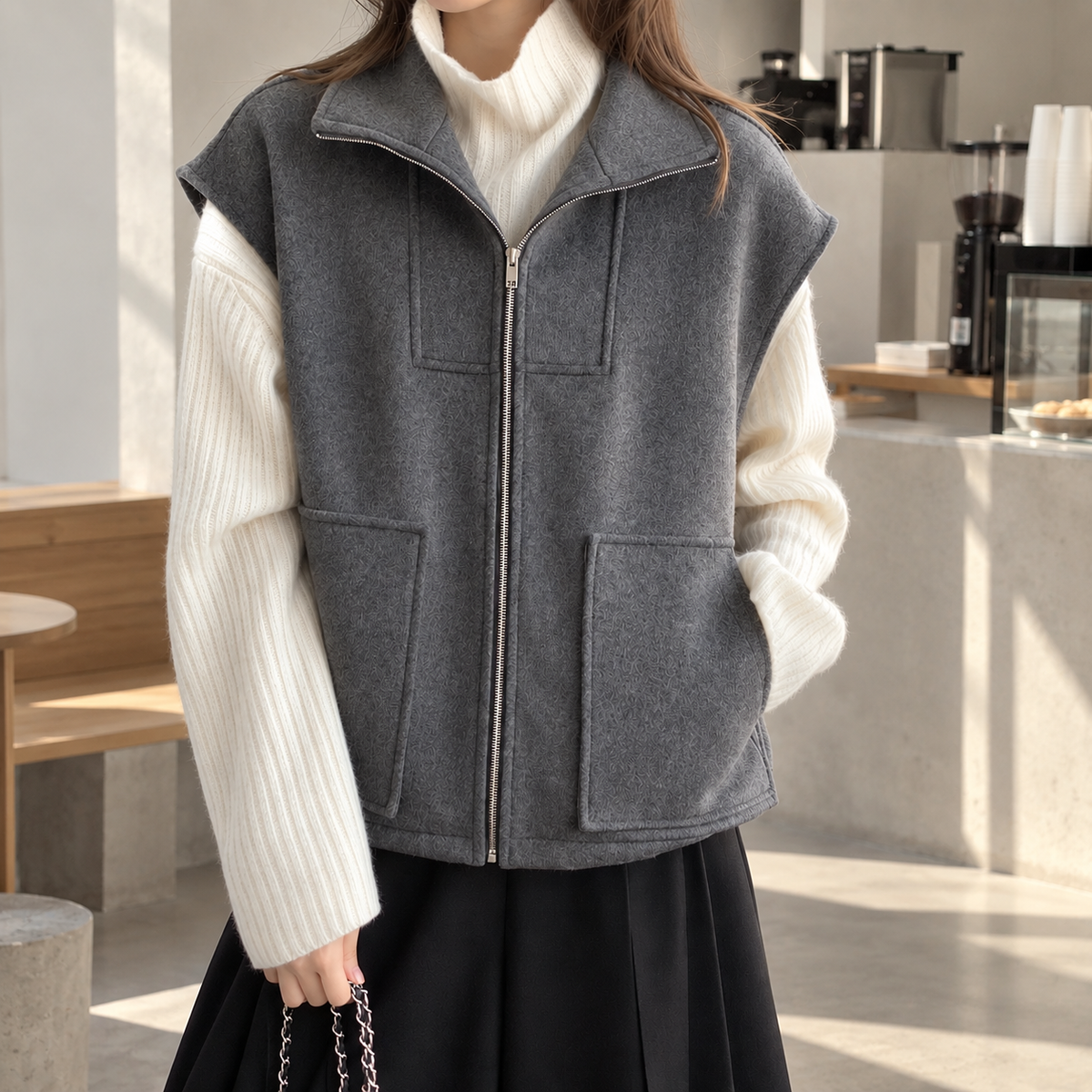 Structured Wool Blend Zip-Up Vest - Women One Size