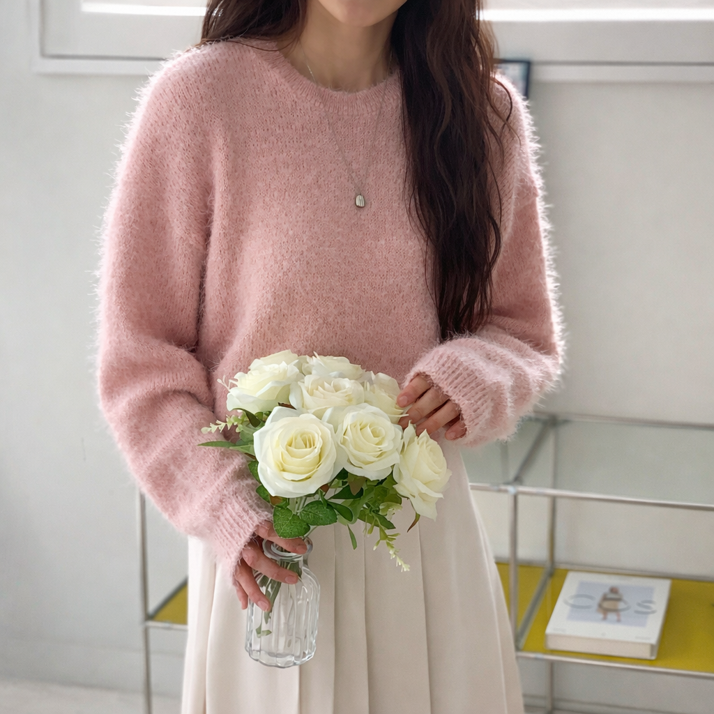 Soft Fuzzy Knit Pullover – Pink, Beige Women One Size