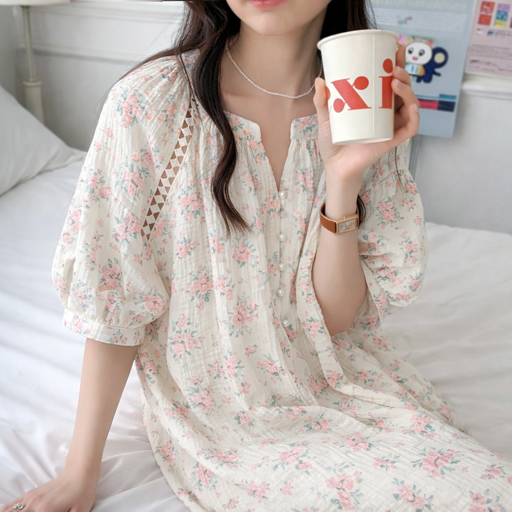 Rose Garden Gauze Cotton Nightdress – Pearl Button & Lace Detail