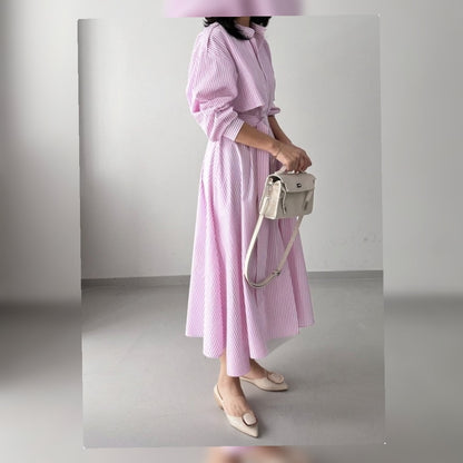 Striped Belted Shirt Dress - Women One Size