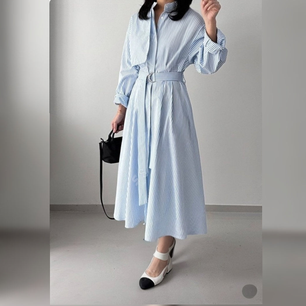 Striped Belted Shirt Dress - Women One Size