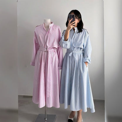 Striped Belted Shirt Dress - Women One Size