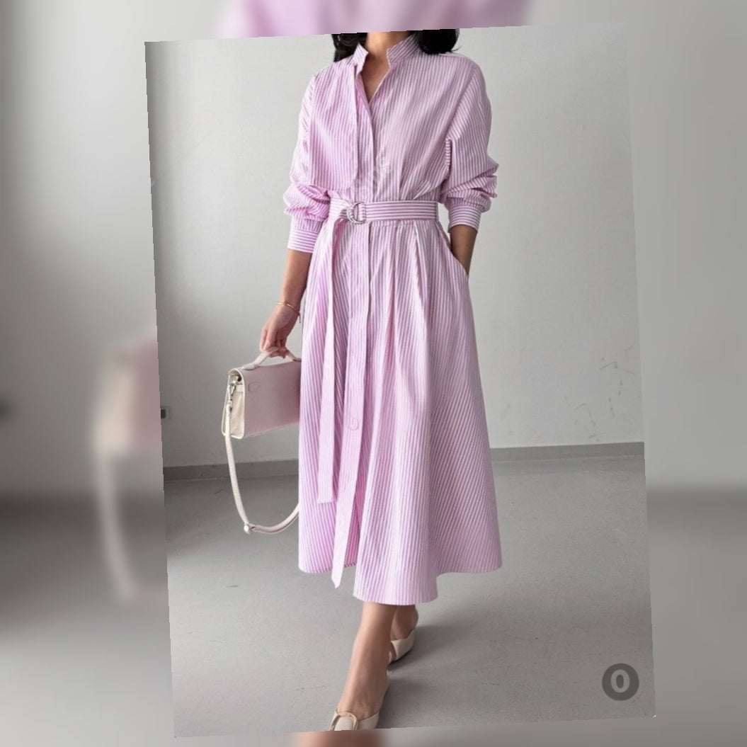 Striped Belted Shirt Dress - Women One Size