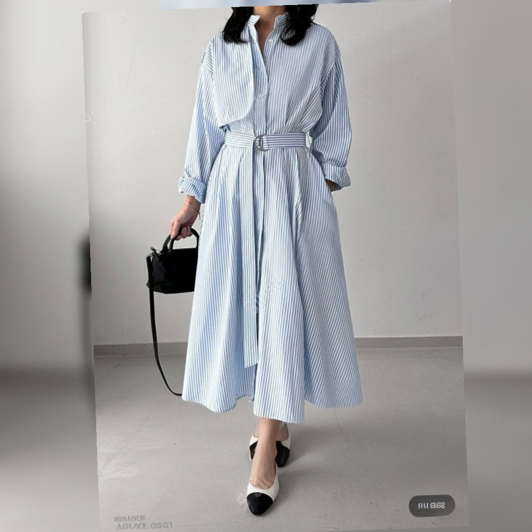 Striped Belted Shirt Dress - Women One Size