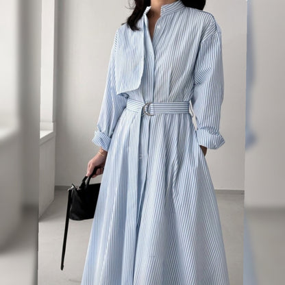 Striped Belted Shirt Dress - Women One Size
