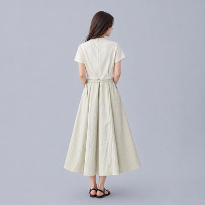 Contrast Fabric Belted A-Line Midi Dress - Women One Size