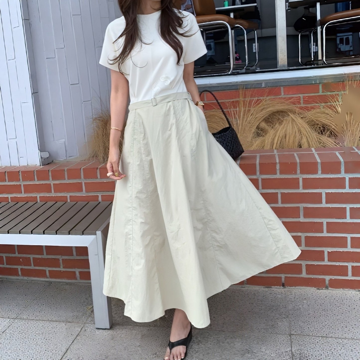 Contrast Fabric Belted A-Line Midi Dress - Women One Size