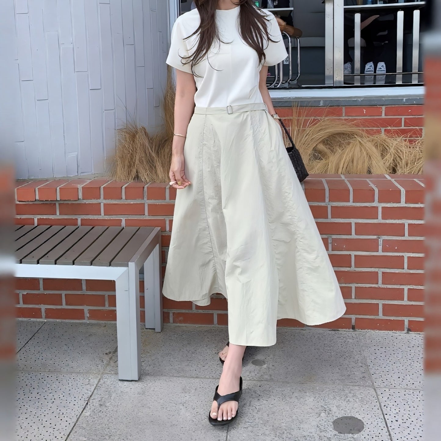 Contrast Fabric Belted A-Line Midi Dress - Women One Size