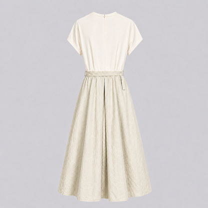 Contrast Fabric Belted A-Line Midi Dress - Women One Size