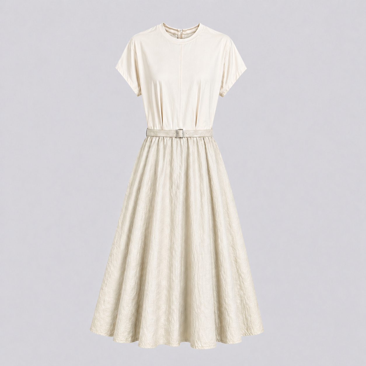 Contrast Fabric Belted A-Line Midi Dress - Women One Size