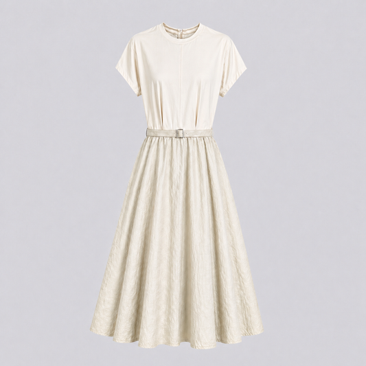 Contrast Fabric Belted A-Line Midi Dress - Women One Size