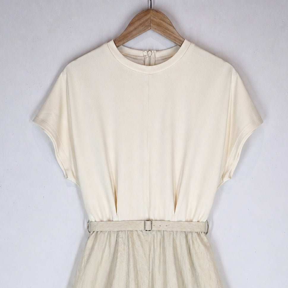 Contrast Fabric Belted A-Line Midi Dress - Women One Size